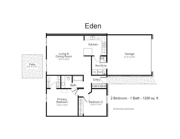 A black and white image of a floor plan for a home named Eden.