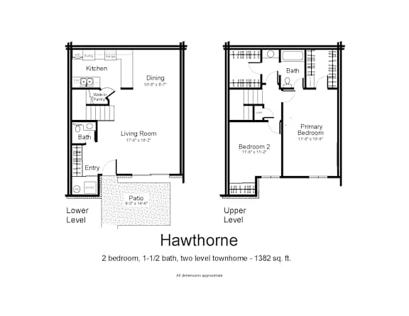 A floor plan of a two bedroom, one bathroom, two level townhome.