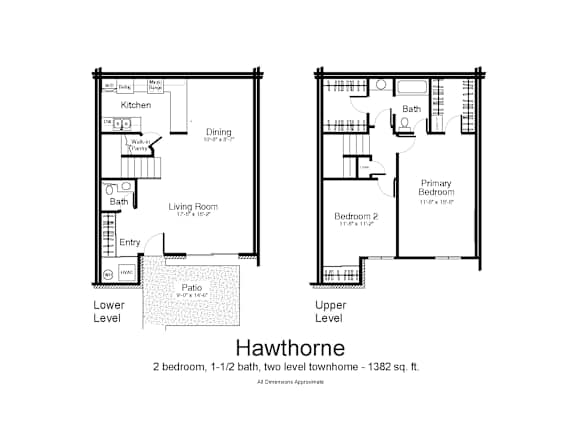Floor Plan  A floor plan of a two bedroom, 1 1/2 bath townhome.