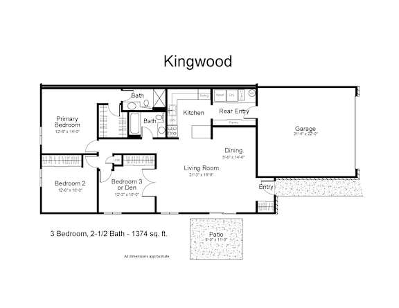 Floor Plan  A floor plan of a house named Kingwood with a living room, two bedrooms, a garage, a kitchen, a dining room and a bathroom.