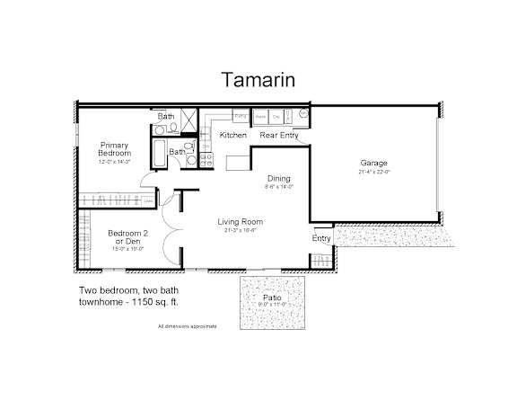 Floor Plan  A floor plan of a house named Tamarin with two bedrooms and a living room.