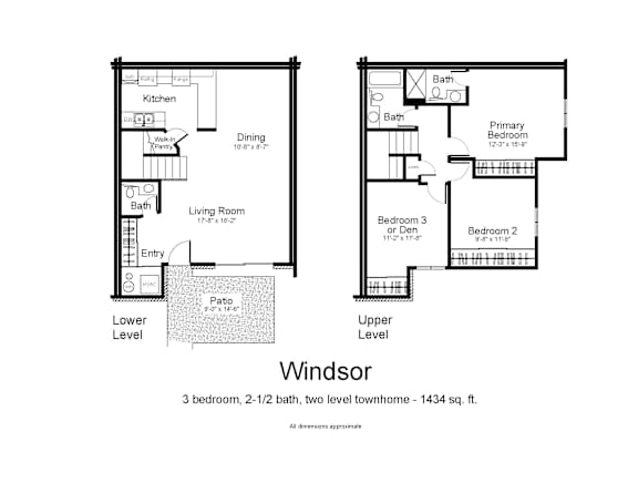 A floor plan of a two-story townhome with 3 bedrooms and 2 bathrooms.