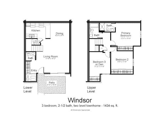Floor Plan  A floor plan of a two-level townhouse with three bedrooms and two bathrooms.