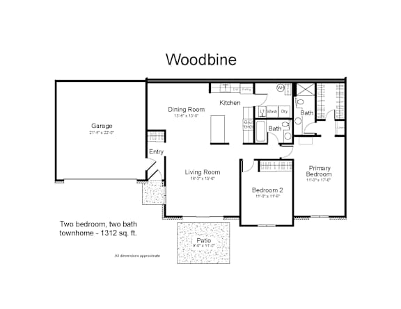 A floor plan of a two bedroom, two bath townhome.