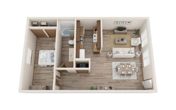 A top-down view of a small apartment with a kitchen, living room, and bedroom.