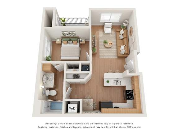 A 3D floor plan of a small apartment with a kitchen, living room, and bathroom.