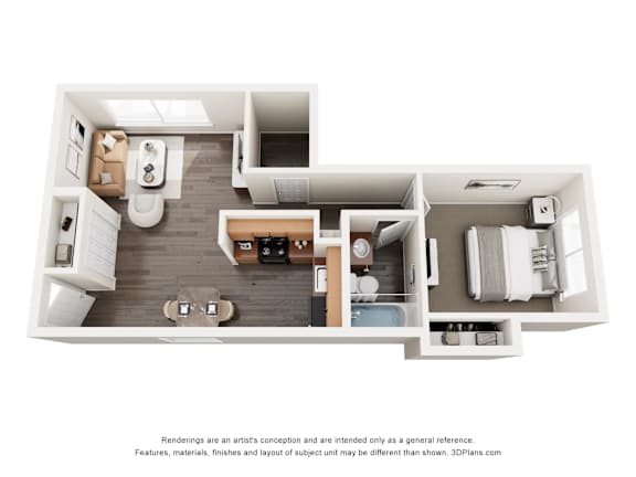 A 3D floor plan of a small apartment with a kitchen, living room, and bathroom.