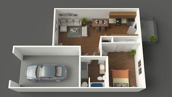 A top-down view of a house with a car parked in the driveway.