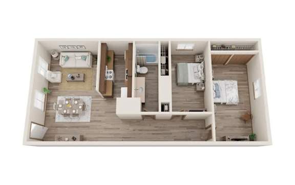 A top-down view of a small, neatly organized apartment.