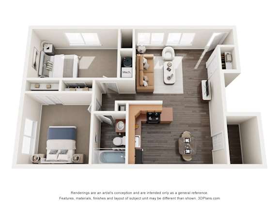 A 3D floor plan of a modern apartment with a kitchen, living room, and bathroom.