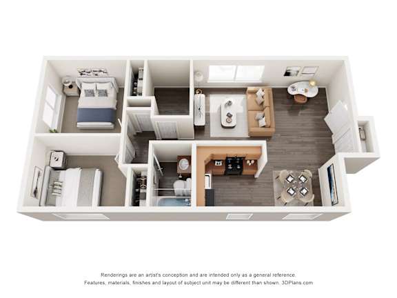 A 3D floor plan of a small apartment with a kitchen, living room, and two bedrooms.