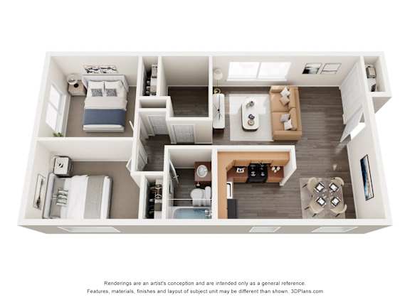 A 3D floor plan of a small apartment with a kitchen, living room, and bedroom.