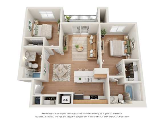 A 3D floor plan of a house with a living room, kitchen, and two bedrooms.