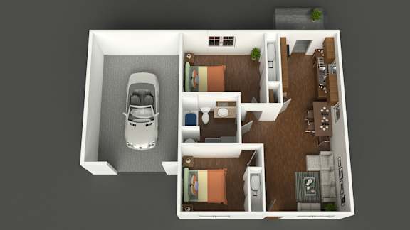 A top-down view of a house layout with a car parked in the driveway.