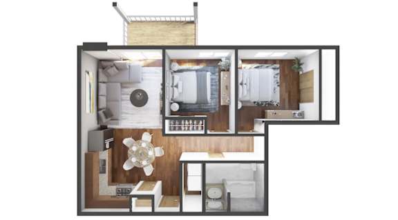 A floor plan of a house with a kitchen, living room, and bathroom.