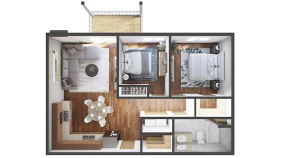 A cutaway view of a room showing the interior layout.