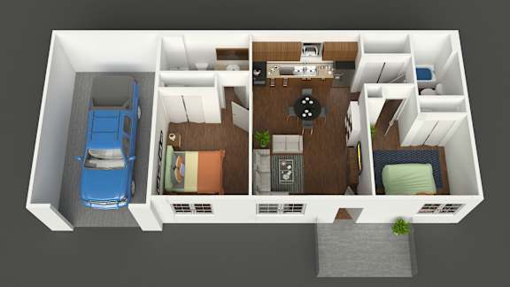 A 3D floor plan of a small apartment with a bedroom, living room, kitchen, and bathroom.