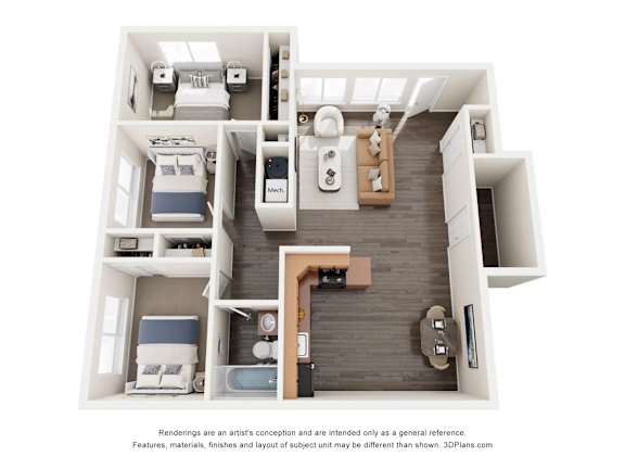 A 3D floor plan of a small apartment with a kitchen, living room, and two bedrooms.