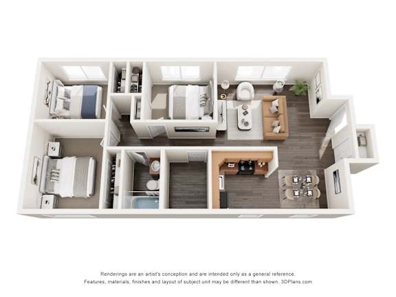 A 3D floor plan of a house with a kitchen, living room, and bedrooms.