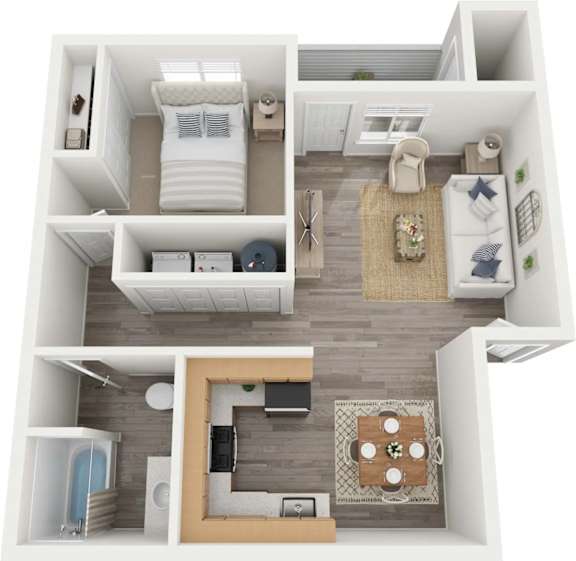 A top-down view of a small apartment with a bedroom, living room, and kitchen.