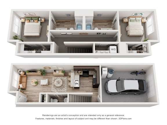 A 3D floor plan of a house with a kitchen, living room, and bedrooms.