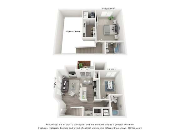 A floor plan of a two-bedroom apartment with a living room, kitchen, and bathroom.
