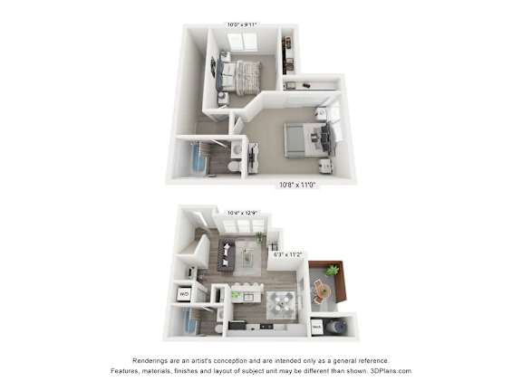 Two images of a floor plan for a 1000 square foot studio apartment.