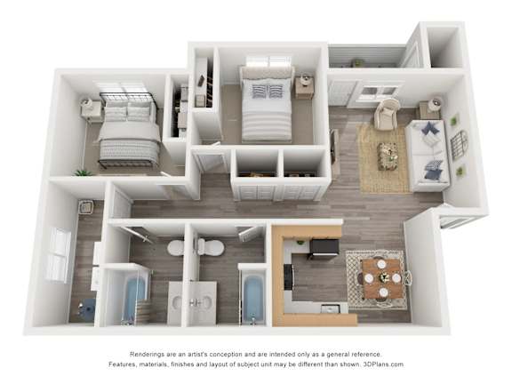 A 3D floor plan of a house with a kitchen, living room, and bathrooms.