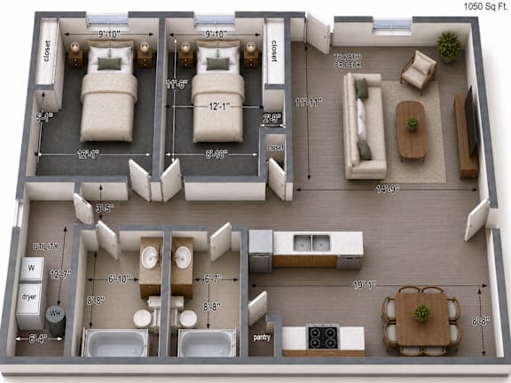 A 1050 square foot floor plan includes two bedrooms, two bathrooms, a living room, a dining room, and a kitchen.