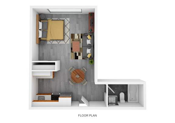 A floor plan of a small apartment with a kitchen, living room, and bathroom.