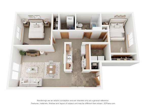 A 3D floor plan of a house with a kitchen, living room, and two bedrooms.