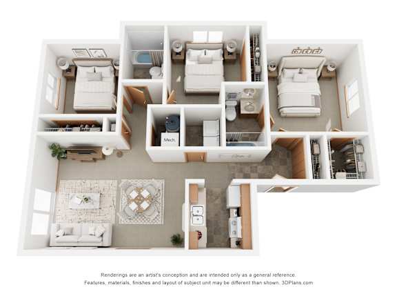 A 3D floor plan of a house with a kitchen, living room, and bedrooms.