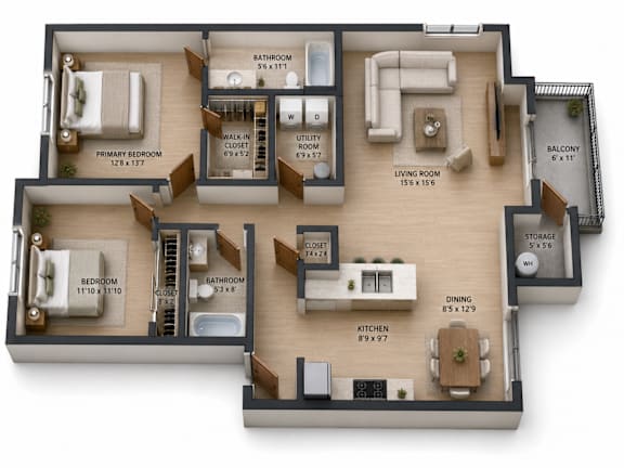 A 3D rendered image of a house layout with a living room, kitchen, dining room, and multiple bedrooms.
