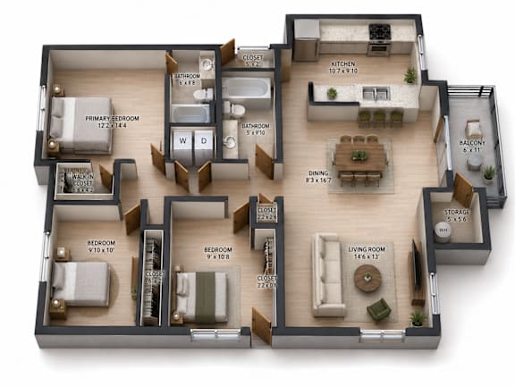 A 3D layout of a house with labeled rooms and dimensions.