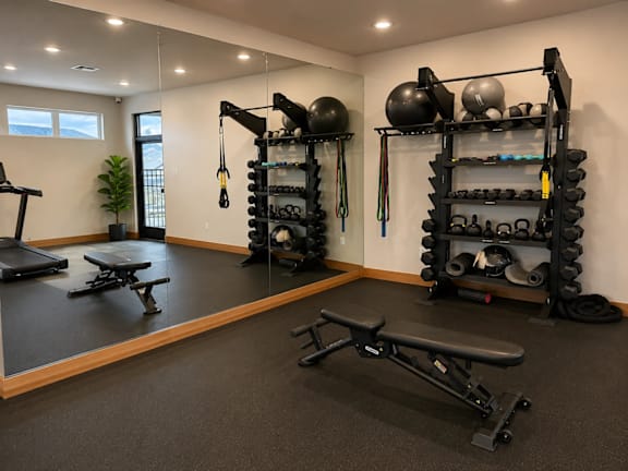 A home gym with a bench, weights, and exercise equipment.