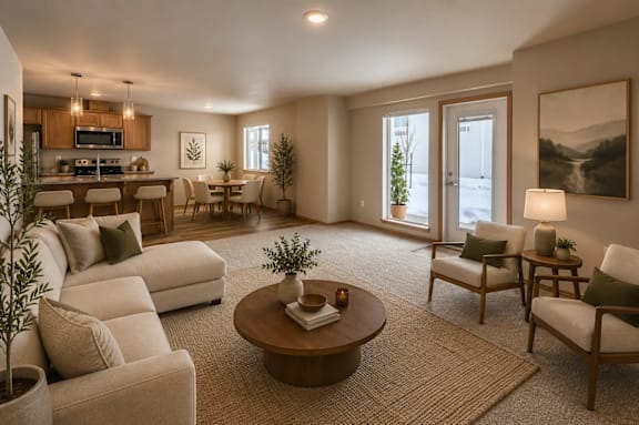 A well-lit living room with a kitchen in the background.