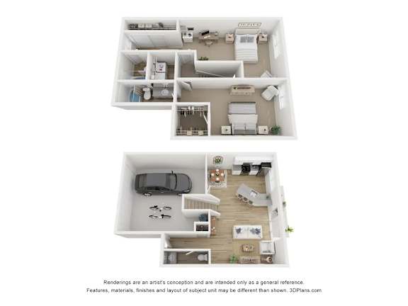 A floor plan of a two-story apartment with a living room, kitchen, and bedrooms.