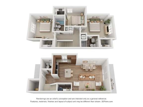 A 3D floor plan of a house with two bedrooms, a living room, a kitchen, and a bathroom.