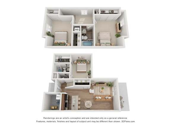 A 3D floor plan of a house with two bedrooms, a living room, a kitchen, and a bathroom.