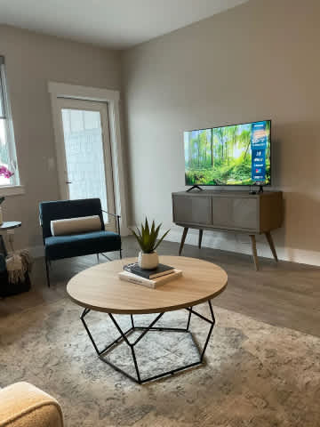 A living room with a television, a chair, a sofa, a table, and a plant.