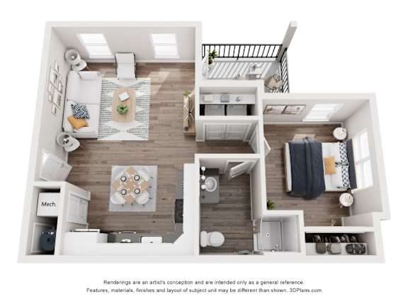 A top-down view of a modern apartment with a kitchen, living room, and bedroom.
