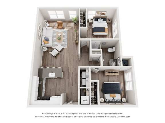 A 3D floor plan of a small apartment with a kitchen, living room, and bedrooms.