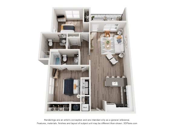 A 3D floor plan of a small apartment with a kitchen, living room, and bathroom.