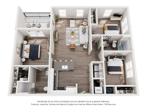A 3D floor plan of a small apartment with a kitchen, living room, and bedrooms.