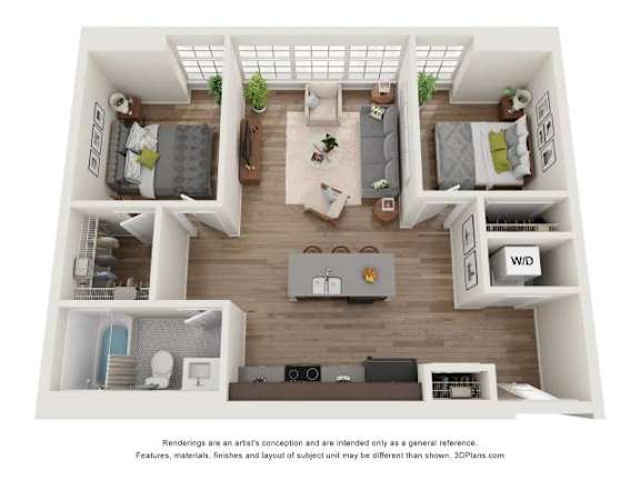 A 3D floor plan of a house with a kitchen, living room, and two bedrooms.