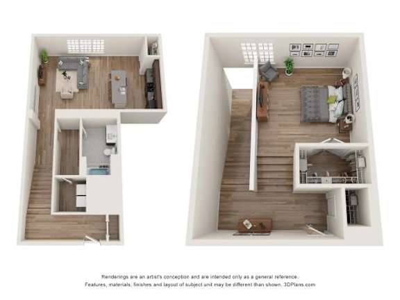 Two images of a house layout with a kitchen, living room, and bedrooms.
