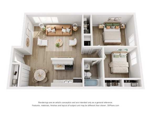A 3D floor plan of a small apartment with a living room, kitchen, and bathroom.