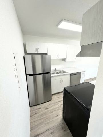 A kitchen with a black fridge and a black cabinet.