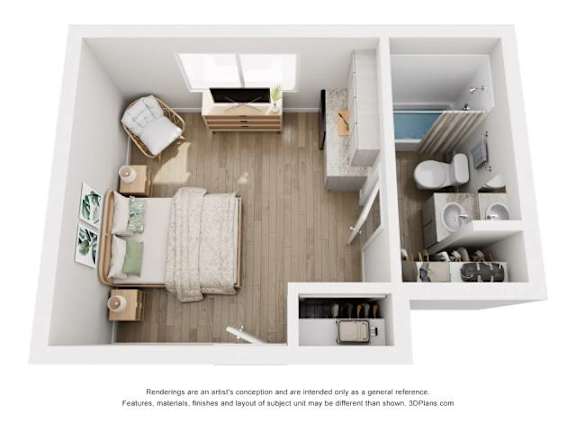 A top-down view of a small, neatly organized bedroom with a bed, dresser, and bathroom.