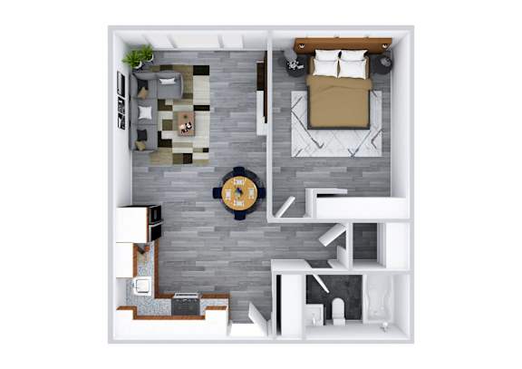 A top-down view of a modern apartment with a kitchen, living room, and bedroom.
